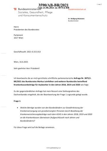 Vorschau Bild von Anfragebeantwortung durch Bundesminister Wolfgang Mückstein