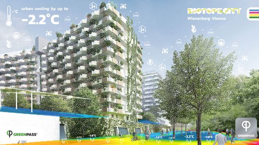 Vorschau Bild von Bild der Biotope City Wienerberg mit einer
Kühlleistung von bis zu -2.2°C Lufttemperatur an einem Hitzetag