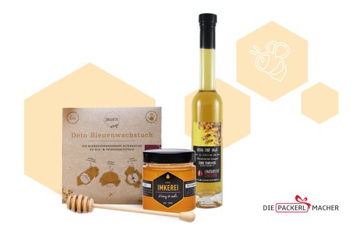  süßes Honig-Set mit Honig, Bienenwachstüchern und
Likör