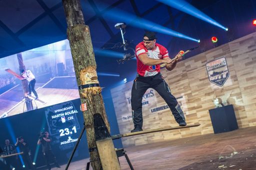Michal Dubicki of Poland competes in the
Springboard discipline during the Individual Competition of the
STIHL TIMBERSPORTS® World Championship at the Industrial Palace in
Prague, Czech Republic on November 2, 2019.