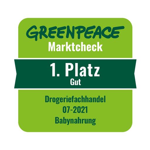 Vorschau Bild von Platz eins für den dm Sortimentsbereich Babynahrung
im Greenpeace-Marktcheck.