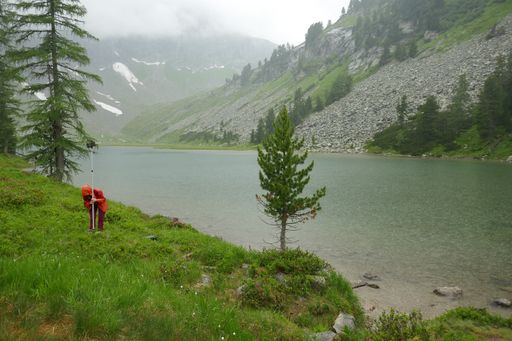  Aufbau eines Ultraschalldetektors bei
Schlechtwetter am Karwassersee in Muhr. Trotz des massiven
Schlechtwetters waren die Expert*innen äußerst kreativ und konnten
viele Arten nachweisen.