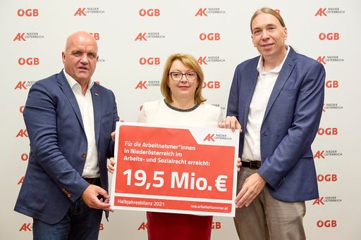  © photonews.at/Georges Schneider - St. Pölten (NÖ)
10.08.2021 - Erkämpften mit ihren Expert*innen 19,5 Mio. Euro für
die niederösterreichischen Arbeitnehmer*innen: Markus Wieser, Doris
Rauscher-Kalod und Thomas Kaindl.
