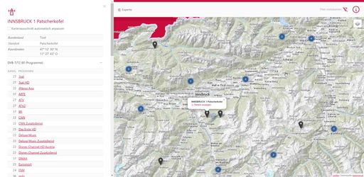 Vorschau Bild von TV-Programme via DVB-T2 auf der Sendeanlage
Patscherkofel/Innsbruck. BILD zu OTS - "Radio und TV einfach finden:
RTR Medien startet neue, interaktive Landkarte für Antennenempfang
in Österreich" von RTR Medien.