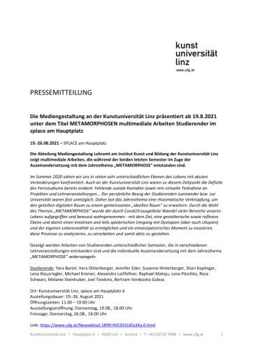 Vorschau Bild von Pressemitteilung Ausstellung METAMORPHOSEN_Kunstuniversität Linz