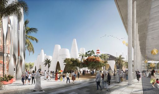  Das Architekturbüro querkraft realisiert den
Österreich-Pavillon, der arabisch-archaische Windtürme mit
zeitgemäßer Klimatechnik als Signal gegen die klimaschädigende
Verschwendung kombiniert.