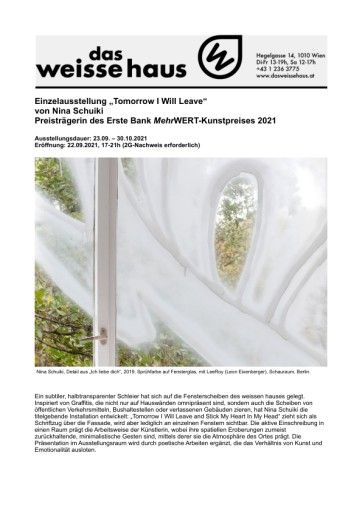 Vorschau Bild von Pressemappe zur Einzelausstellung "Tomorrow I Will Leave" von Nina Schuiki