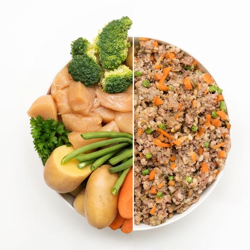 Vorschau Bild von Zutaten für gesunde Bio-Tiernahrung, vor und nach
Verarbeitung