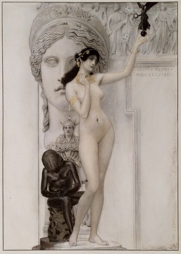  Gustav Klimt, "Allegorie der Skulptur", aus:
Festschrift des k. k. Österreichischen Museums für Kunst und
Industrie, Wien, 1889 Auftraggeber: Wiener Kunstgewerbeschule
Bleistift, Buntstift, Aquarell, Goldhöhung