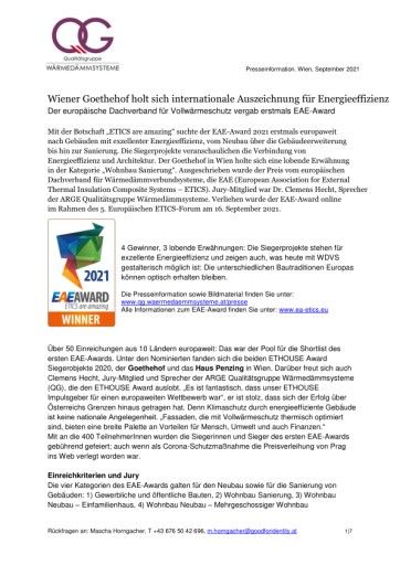Vorschau Bild von Pressemitteilung Auszeichnung für Wiener Goethehof bei internationalem EAE-Award für Energieeffizienz