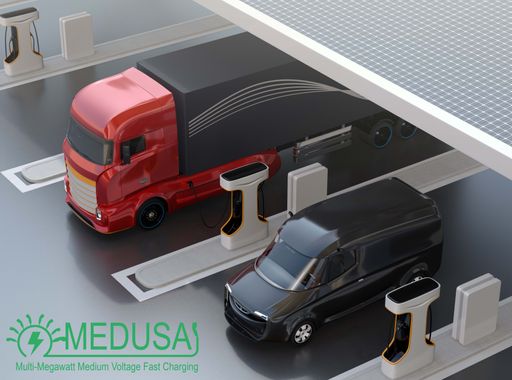 Im Projekt MEDUSA wird eine Schnellladestation für
Schwerfahrzeuge und PKW mit einer Leistung von 3 Megawatt
entwickelt. Die Entwicklung einer intelligenten
Hochleistungsladeinfrastruktur ist ein wesentlicher