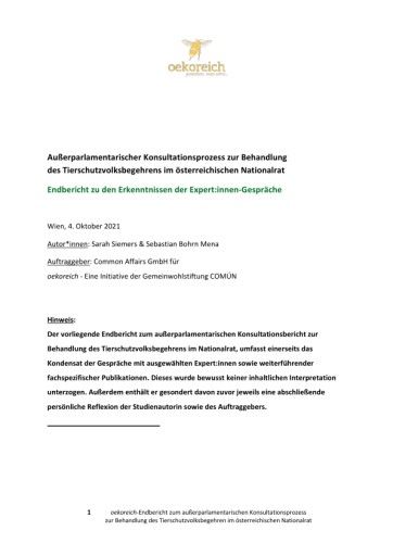 Vorschau Bild von Abschlussbericht zum außerparlamentarischen Konsultationsprozess anlässlich der Behandlung des Tierschutzvolksbegehrens im österreichischen Nationalrat