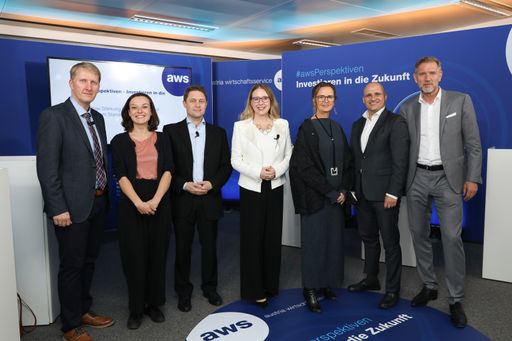 Es disktuierten: (v.l). Wirtschaftsforscher Prof.
DDr. Herwig Schneider I IWI, Theresa Imre I Geschäftsführerin
Markta, Dr. Andreas S.Rath I Geschäftsführer ONDEWO, FBM Dr.
Margarete Schramböck I BMDW, Edeltraud Stiftinger und Bernhard
Sagmeister I aws Geschäftsführung, Johannes Artmayr I
Geschäftsführer Strasser Steine.