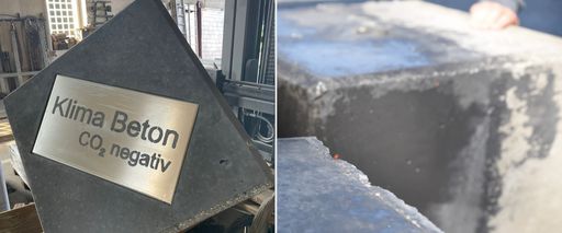  Die Zukunft kann beginnen: Erster konventionell hergestellter
CarStorCon® von Kopf Kies+Beton in Kooperation mit EnergieWerk Ilg,
Carbon Instead, EBI, Carbonfuture, SynCraft und Ingenieurbüro Axel
Preuß; rechtes Bild: im direkten Vergleich li. Hälfte Klimabeton re.
Hälfte konventioneller Beton