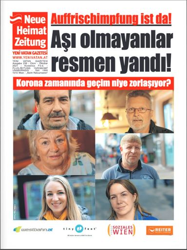 Die Oktoberausgabe der österreichischen „Neue
Heimat Zeitung“ (Yeni Vatan Gazetesi) wird eine Corona-Sonderausgabe
9 in türkischer Sprache sein: „Auffrischungsimpfung ist da. Ohne
Impfung lebt man in großer Gefahr“