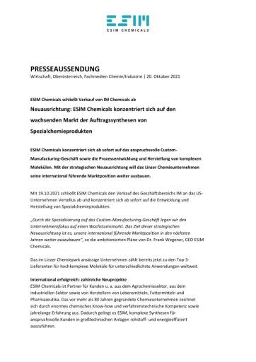 Vorschau Bild von Presseaussendung ESIM Chemicals
