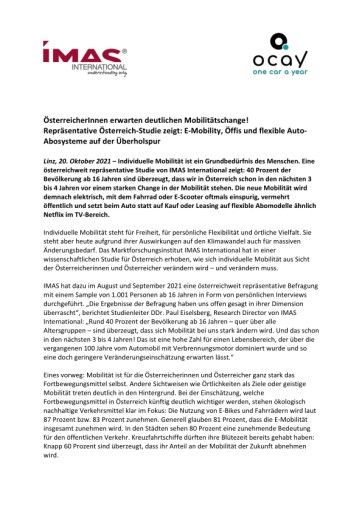 Vorschau Bild von Presseinfo IMAS International und ocay Autoabo: "ÖsterreicherInnen erwarten deutlichen Mobilitätschange!"