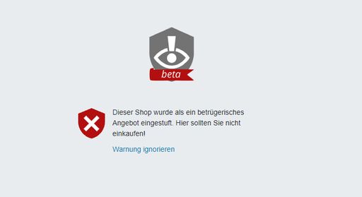 Vorschau Bild von Ein rotes Symbol warnt vor bereits bekannten
Fake-Shops und den von der Künstlichen Intelligenz erkannten
verdächtigen Shops