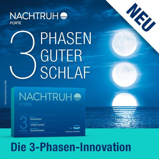  Das Nachtruh forte Key Visual, zeigt die Nachtruh
forte Packung vor dem Hintergrund eines nächtlichen Meeres mit 3
Monden, die im Meer versinken. Zu lesen ist: "3 Phasen guter Schlaf"
und "Die 3-Phasen-Innovation".