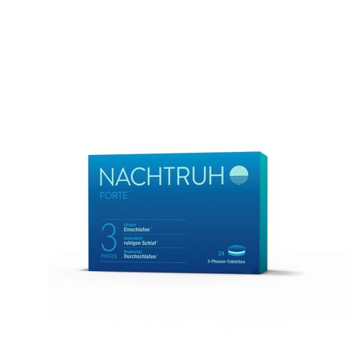 Vorschau Bild von Es ist die Packung des Produkts Nachtruh forte zu
sehen. Die Packung ist in blau und türkis gehalten mit dem
Schriftzug Nachtruh in türkis und forte in blau darunter. Außerdem
findet sich der Text "3 Phasen, Fördert Einschlafen, Unterstützt
ruhigen Schlaf, Begünstigt Durchschlafen" sowie "24
3-Phasen-Tabletten" auf der Packung.