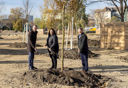  ARE CEO Hans-Peter Weiss, Vizebürgermeisterin und
Wohnbaustadträtin Kathrin Gaál, Landstraße-Bezirksvorsteher Erich
Hohenberger beim symbolischen pflanzen eines Feldahorns im künftigen
Park des Stadtentwicklungsgebiets VILLAGE IM DRITTEN.