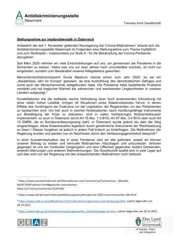 Vorschau Bild von Stellungnahme der Antidiskriminierungsstelle Steiermark zum geplanten Lockdown für Ungeimpfte