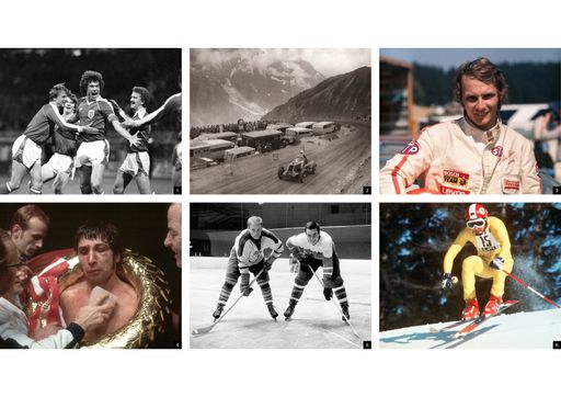  Bildbeschreibung & Credits Fotocollage: 1) Toni Polster (Mitte)
nach seinem Tor. Mit Erich Obermayer (links) und Herbert Prohaska
(rechts). Fußball-EM-Qualifikation-Länderspiel im Wiener Hanappi
Stadion. Österreich - Türkei (4:0). 17. November 1982. © Votava /
Imagno / picturedesk.com 2) Harry Herkuleyns aus Holland auf seinem
MG Rennwagen beim Großglockner-Rennen. 1935. © Austrian Archives /
Imagno / picturedesk.com 3) Der österreichische Rennfahrer Niki
Lauda beim Formel-1-Grandprix in Zeltweg in der Steiermark.
Österreich. 1971. © Votava / Imagno / picturedesk.com 4) Hans
Orsolics nach dem Kampf gegen Carmelo Bossi in der Wiener
Stadthalle. 10. April 1970. © Votava / Imagno / picturedesk.com 5)
Adolf Bachura und Gerd Schager beim Eishockey-Training in der Wiener
Stadthalle. 2. November 1965. © Votava / Imagno / picturedesk.com 6)
Franz Klammer während der Abfahrt bei den Olympischen Spielen von
Innsbruck. 5. Februar 1976. © Heinrich Sanden / dpa /
picturedesk.com
