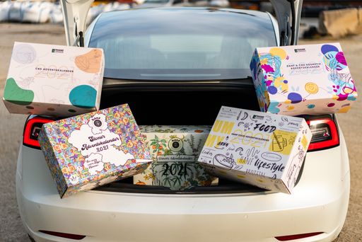 Vorschau Bild von Tesla mit allen 5 Hanf Adventskalendern im Kofferraum