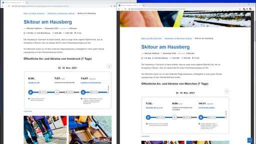 Screenshot einer Beispiel Skitour, Hin- und
Rückfahrt von und nach Innsbruck oder München
