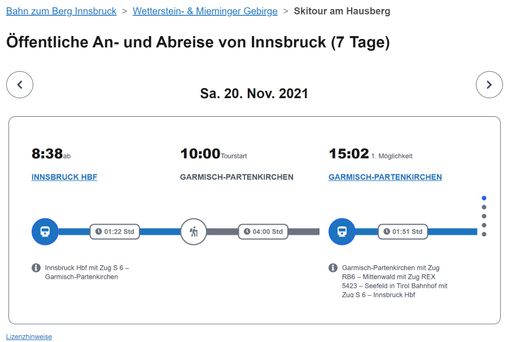 Vorschau Bild von Fahrplan Detail Skitour am Hausberg, Hin-und
Rückfahrt von und nach Innsbruck