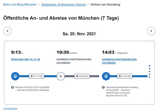 Vorschau Bild von Fahrplan Detail Skitour am Hausberg, Hin-und
Rückfahrt von und nach München