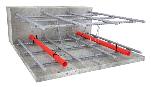  In großflächige Betonauteile – ideal eignen sich Geschoßdecken –
werden Rohrregister einbetoniert, durch die je nach Bedarf warmes
oder kühles Wasser geleitet wird.