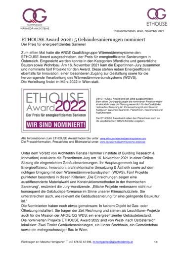  Presseinfo Nominierte ETHOUSE Award 2022 - der Preis für energieeffiziente Sanierungen in Österreich