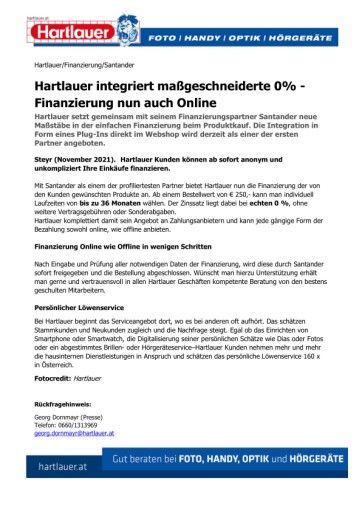 Hartlauer integriert maßgeschneiderte 0% - Finanzierung nun auch Online
