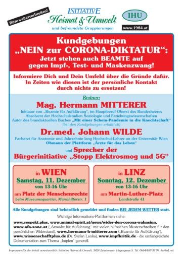 Vorschau Bild von Kundgebungen "NEIN zur CORONA-DIKTATUR", 11. und 12. Dezember 2021, 13 Uhr (Wien und Linz)