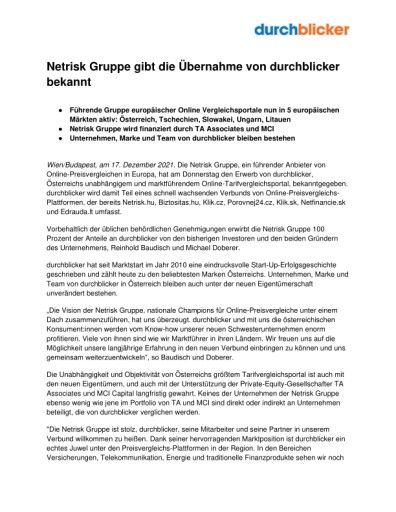 Vorschau Bild von PI Netrisk Gruppe gibt Übernahme von durchblicker bekannt