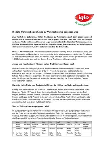 Vorschau Bild von Text und Tabelle mit beliebstesten Speisen nach Bundesländern.