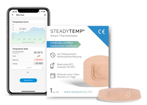 Vorschau Bild von SteadyTemp® – ein System aus einem präzisen
Temperatursensor, eingebettet in einem hautfreundlichen Pflaster,
und einer App für Handheld Devices