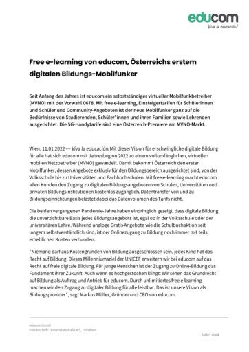Vorschau Bild von Presseaussendung: Free e-learning von educom, Österreichs erstem digitalen Bildungs-Mobilfunker