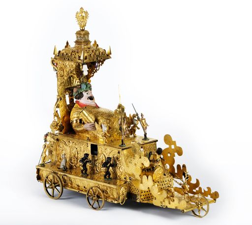 Vorschau Bild von Figurenuhr Bacchus Unbekannter Meister Deutschland, Augsburg,
Ende des 16. Jh. Eisen; Messing; Kupfer vergoldet, Kaltbemalung,
Opale, Glassteine H. 51cm, B. 57cm, T. 25cm Esterhazy
Privatstiftung, Burg Forchtenstein