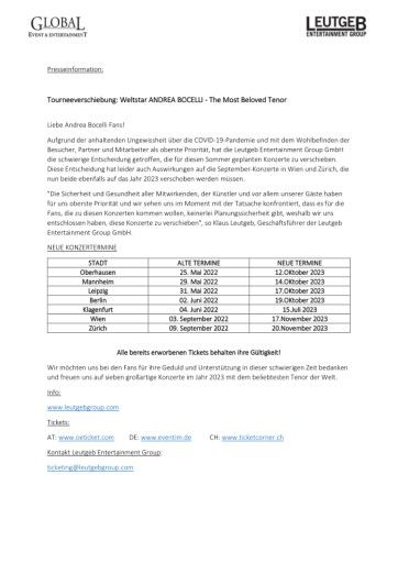 Vorschau Bild von Pressetext Tourneeverschiebung Weltstar ANDREA BOCELLI