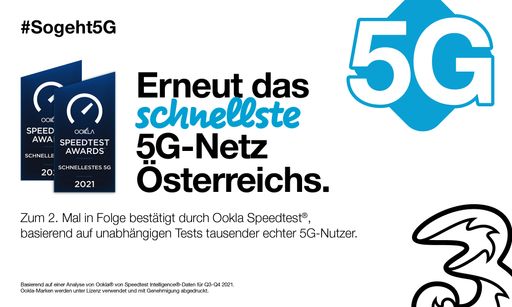 Ookla Speedtest Award(TM): Drei zum zweiten Mal in
Folge mit schnellstem 5G Netz in Österreich.