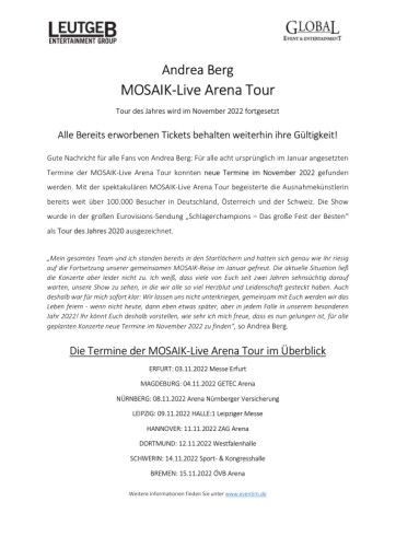 Vorschau Bild von Pressetext Andre Berg - Mosaik Live Arena Tour