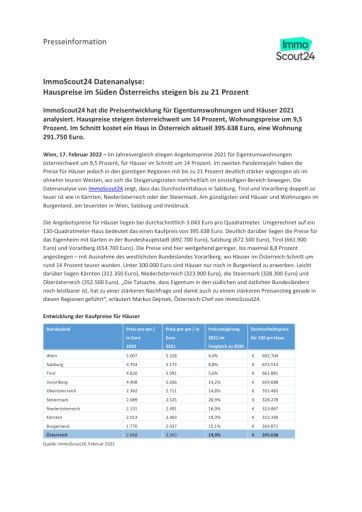 Vorschau Bild von Pressemeldung Entwicklung Kaufpreise inklusive Tabellen