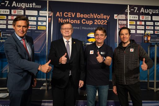 Finanzstadtrat Peter Hanke, CEV-Präsident
Aleksandar Boričić, Hannes Jagerhofer und Marco Harfmann (A1)
präsentierten das neue Turnierformat (von links). © ACTS/Foret
(Verwendung honorarfrei)