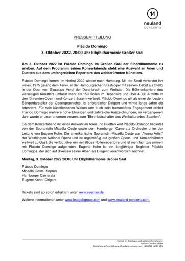 Vorschau Bild von Pressetext Plácido Domingo am 03.10.2022 in der Elbphilharmonie Hamburg