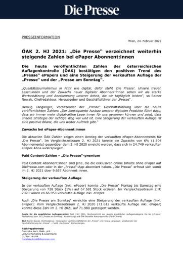 Vorschau Bild von Presseaussendung DP_ÖAK 2.HJ 2021