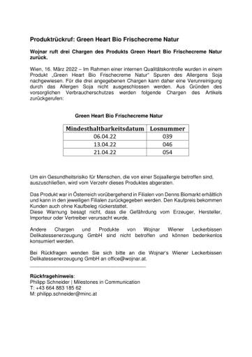 Vorschau Bild von Produktrückruf Green Heart Bio Frischecreme Natur