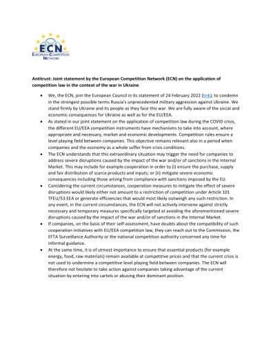 Vorschau Bild von Gemeinsame Erklärung des Europäischen Netzwerks der Wettbewerbsbehörden (ECN) zur Anwendung des Wettbewerbsrechts im Zusammenhang mit dem Krieg in der Ukraine