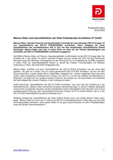 Vorschau Bild von Pressemeldung Markus Hiden wird Geschäftsführer der Delta Podsedensek Architekten ZT GmbH